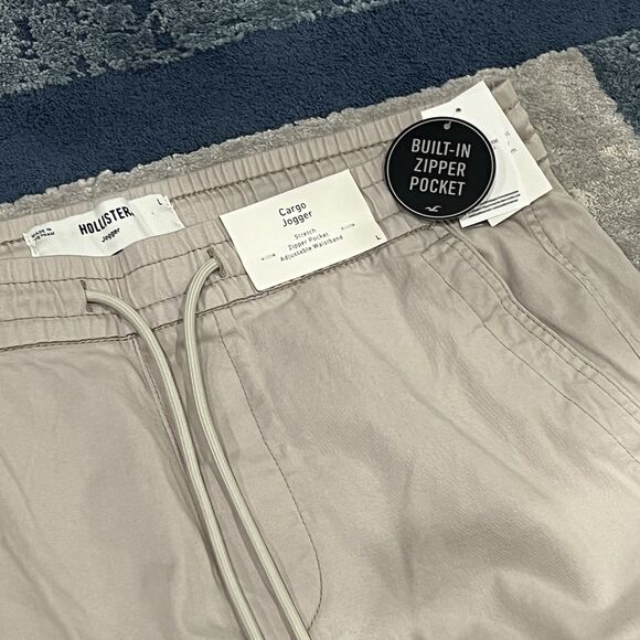 NWT Hollister Cargo Jogger Men’s Large Stretch Khaki Built-in Zipper Pocket - Picture 2 of 13